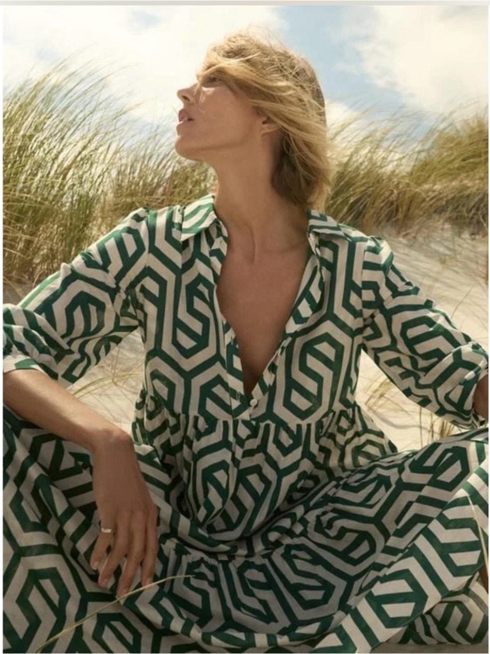 Zara Green and Cream Geometric Tiered Maxi Dress